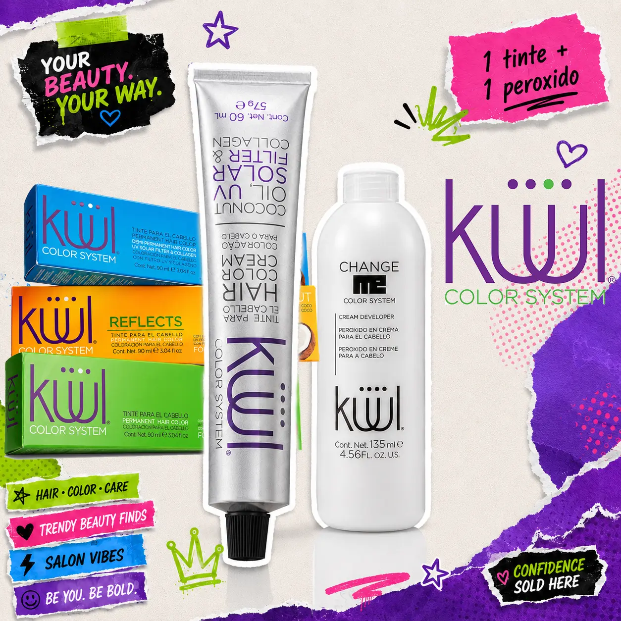 Kuul Hair Color Kit  - [1] Tinte | Hair Dye + [1] Peroxido | Cream Developer Bundle