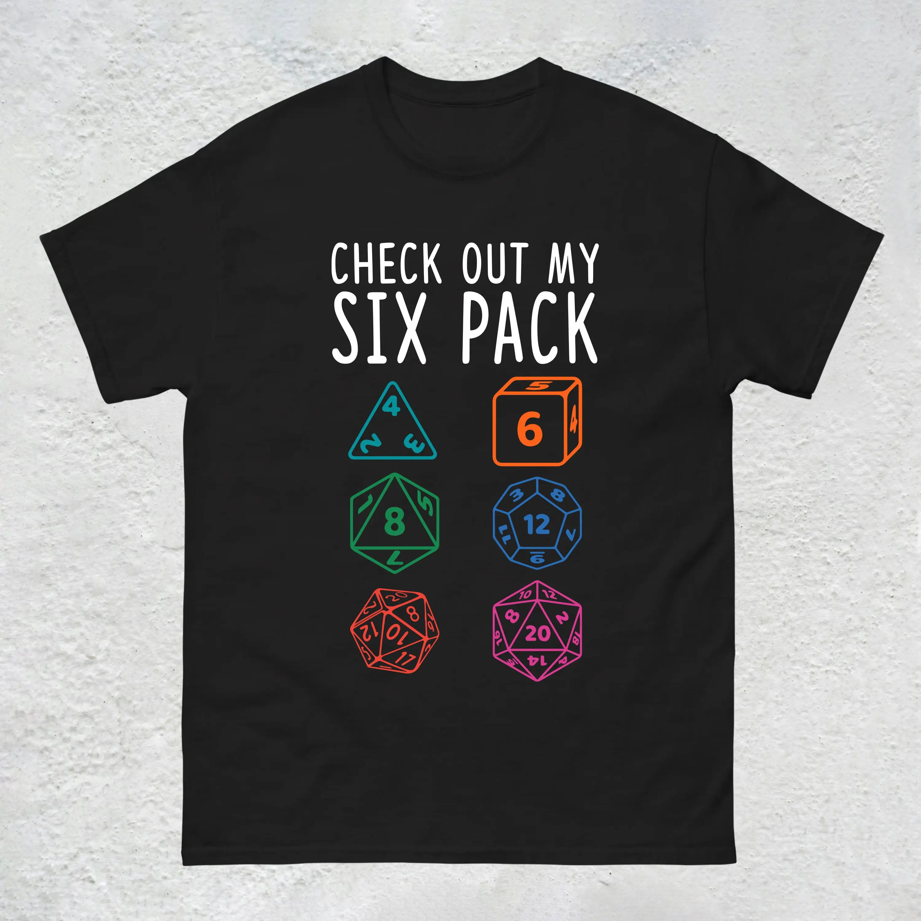 D&D Inspired "Check Out My Six Pack" Graphic Tee with D20 Dice Design, Gift for Gamers & Tabletop RPG Fans