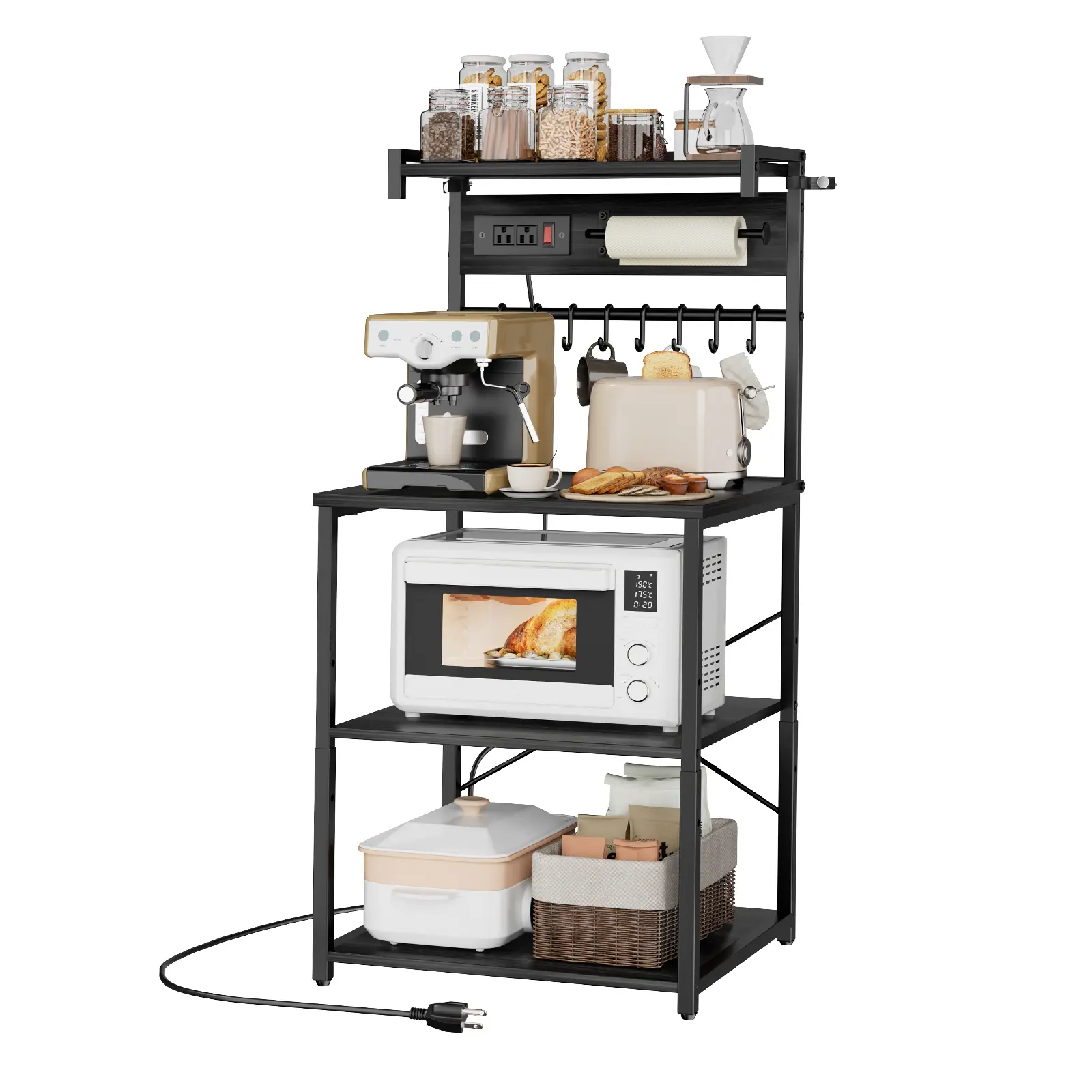 VEVOR Metal Frame Rectangular Bakers Rack Kitchen Furniture - 4.6 ft Tall Floor Standing Multi-Level Shelving, X-Shaped Support, 4.6 ft Power Cable, Built-In Power Outlet, 8 S-Shaped Hooks for Dishes, Spice Bottles