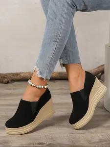 Elegant Comfortable Wedge Heel Deep-V Sole Shoes, Versatile Fashion Single Shoes High Heels Imitated Straw Rope Bottom Platform Wedge Shoes