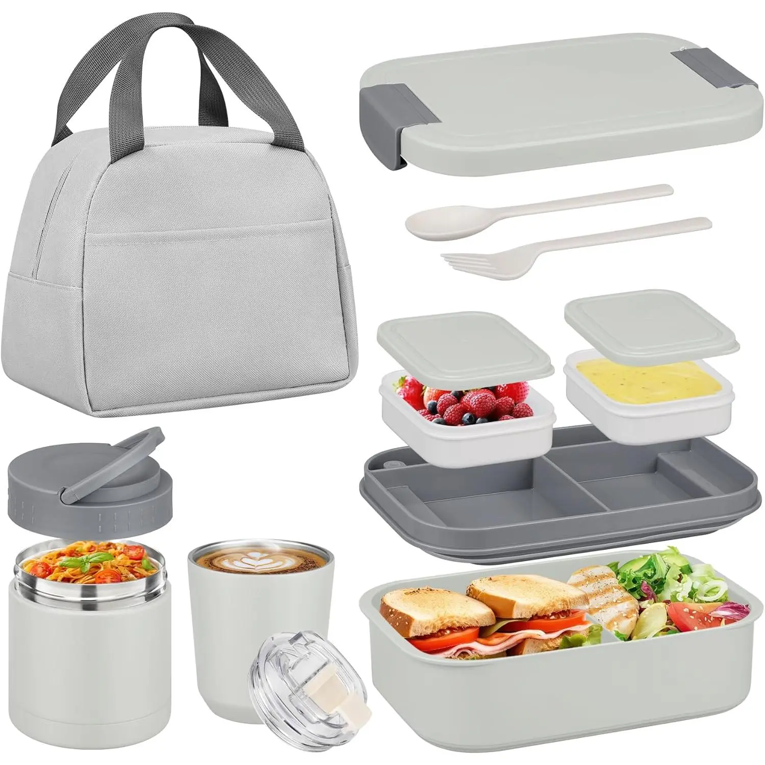 Bento Lunch Box Set with 10.5oz Soup Thermo  Jar for Adults , Stainless Steel Leak-proof Lunch Container with 4 Compartment, Coffee Tumbler with Lunch Bag for School Travel Office-Grey