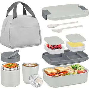 Bento Lunch Box Set with 10.5oz Soup Thermo  Jar for Adults , Stainless Steel Leak-proof Lunch Container with 4 Compartment, Coffee Tumbler with Lunch Bag for School Travel Office-Grey