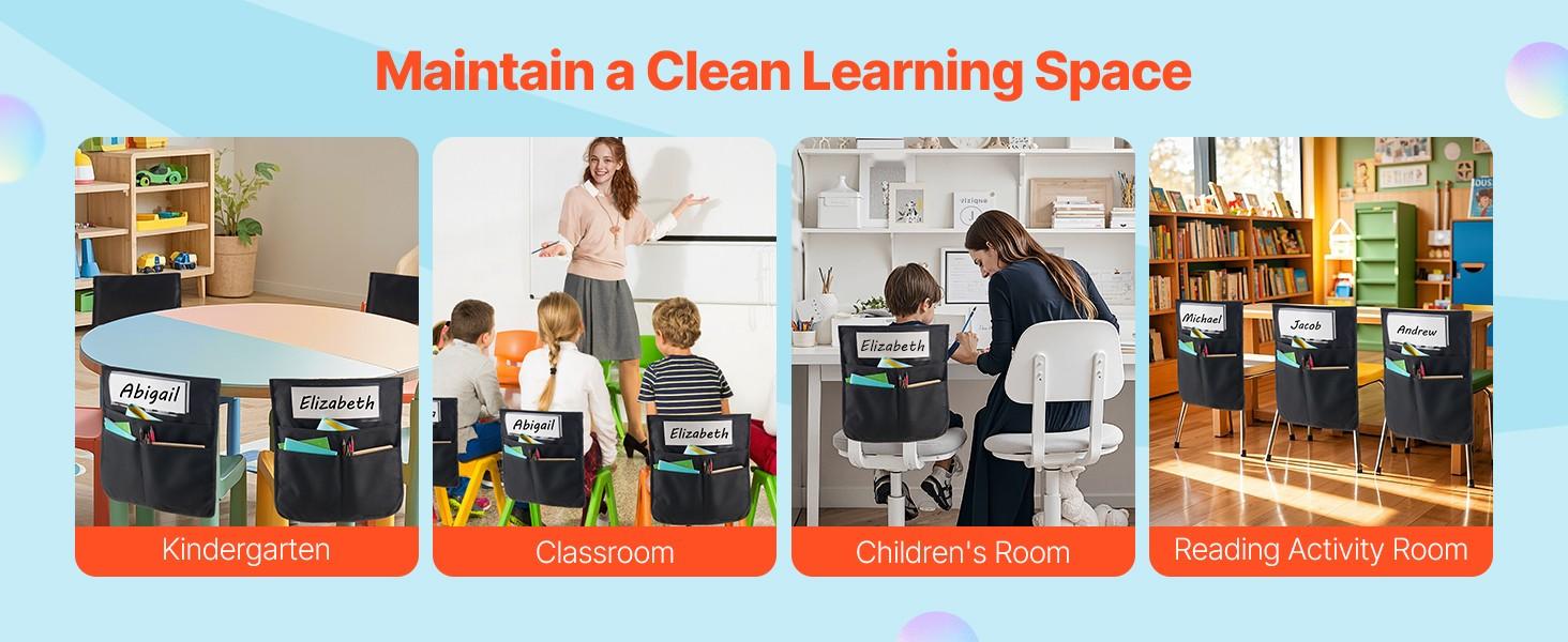 Chair Pockets For Classroom, 12 Pack Seat Pockets With Name Tag, Black Durable Nylon Fabric, Sturdy Chair Storage Organizer For Student Desks, Easy Labeling Of Names, Classroom Organization And School Supplies