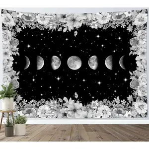 LB Moon Phase Floral Tapestry, Black and White Moon Phase with Flowers in Space Tapestry for Bedroom, Bright Stars Wall Decor for Bedroom Wall Art for Living Room Dorm Home Decor, 60 x 40 Inches
