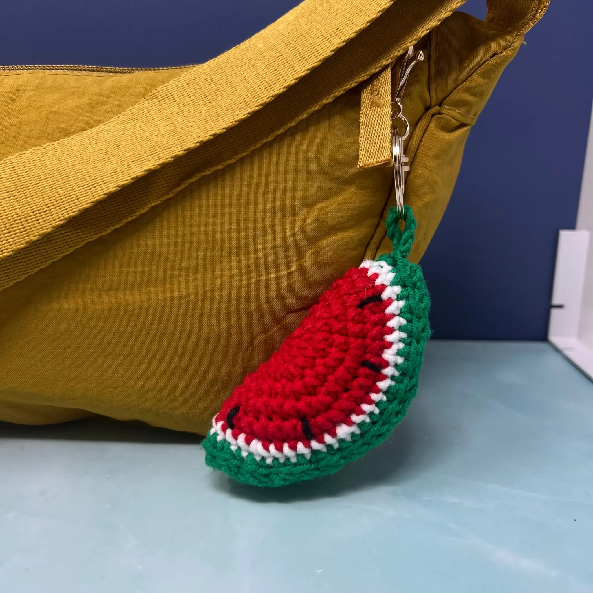 Crochet Watermelon Keychain – Handmade Fruit Charm with Gold Clip for Bags & Backpacks