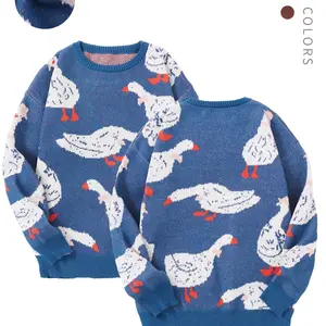 Unisex Men's Cartoon Duck Print Drop Shoulder Sweater, Fashion Round Neck Long Sleeve Jumper, Men Clothing for Daily Wear