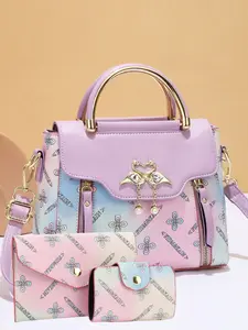 New High-End Luxury Gradient Floral Print Handbag Set, Casual PU Messenger Bag, All Seasons, Three-Piece Set, Fashionable Accessory, Stylish Handbag