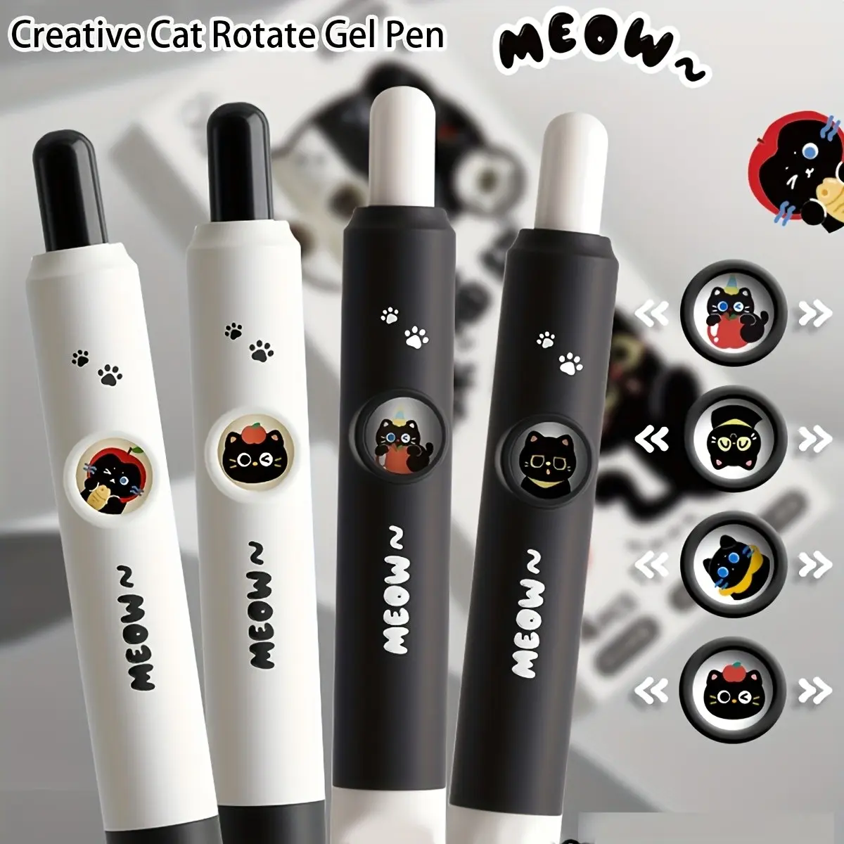 4pcs Kawaii Cat Rotate Gel Pens with Meow & Paw Print Design, 0.5mm Fine Point Quick-Dry Black Ink-Smooth Writing Retractable Pens Cute, Ergonomic Grip - for Students &School, Office, Diary, Journaling - Birthday/Christmas Gift, Stationery Writing Tools