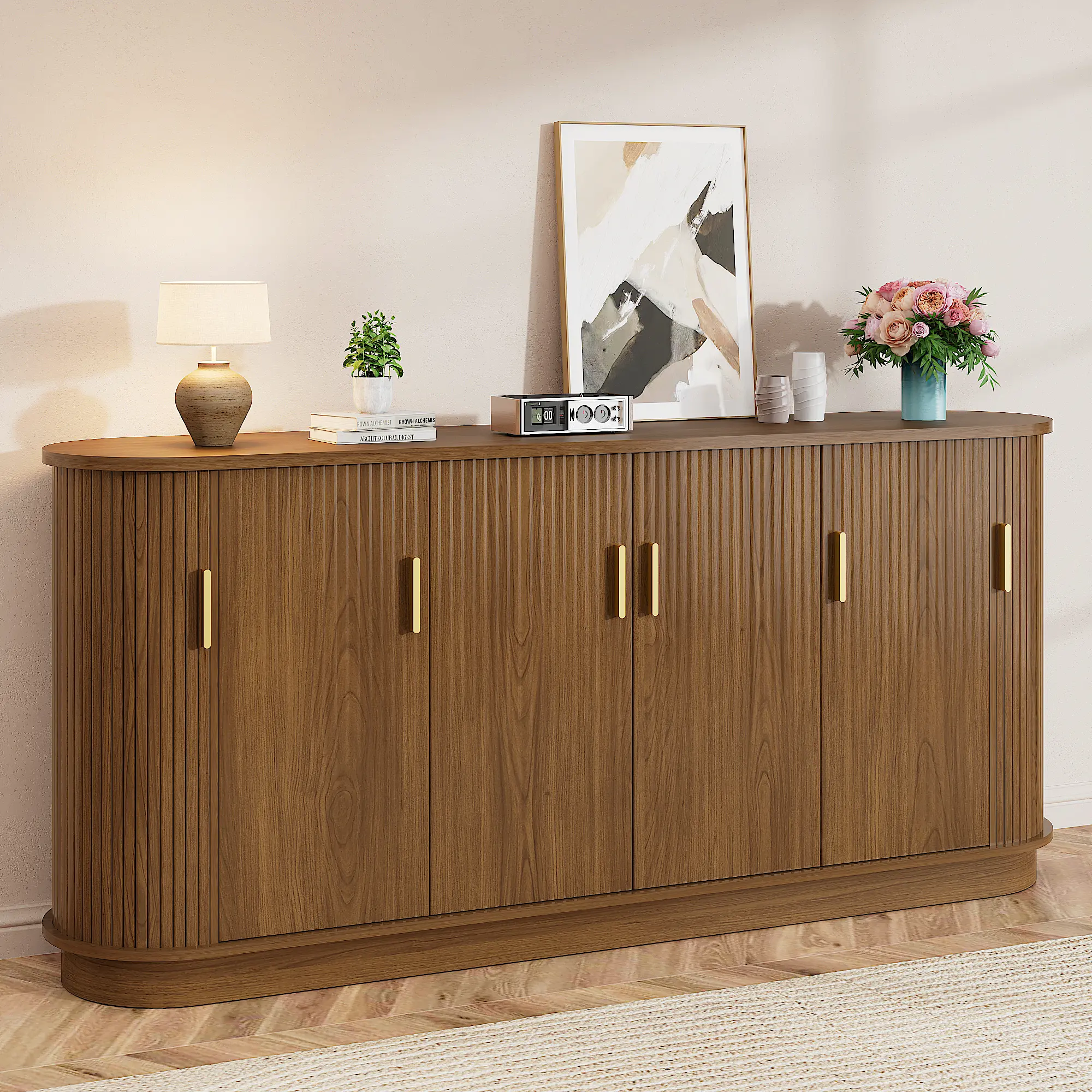 70" Fluted Sideboard Buffet Cabinet with Sliding Doors, Mid-Century Modern Media Console TV Stand for TVs up to 80 Inch, Gold Handles, Adjustable Shelves, Storage Credenza for Kitchen, Dining Room, Living Room & Entryway