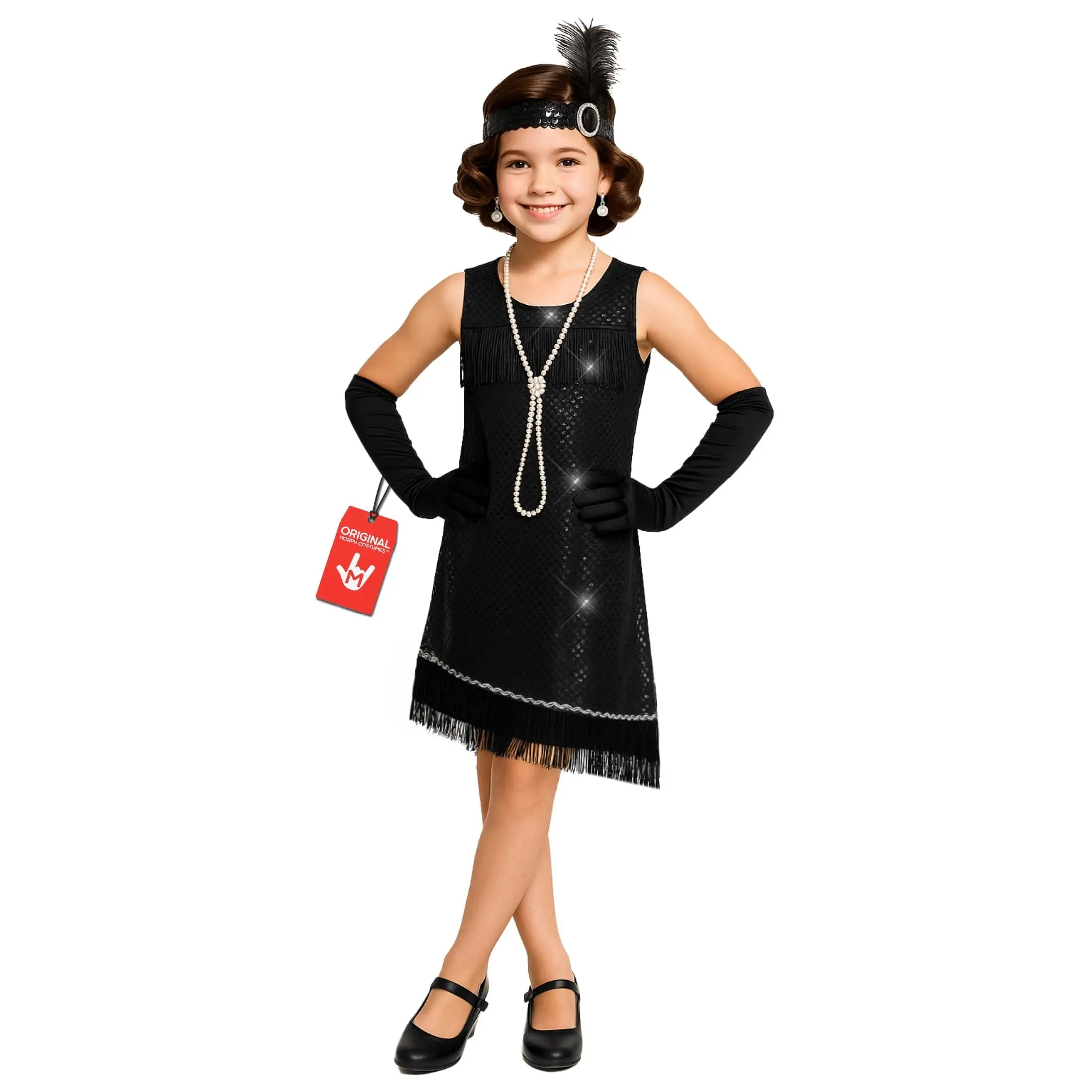 Kids' Morph Fringed Hem Short Length Flapper Dress Outfit, Girls Costume for Halloween Party Wear