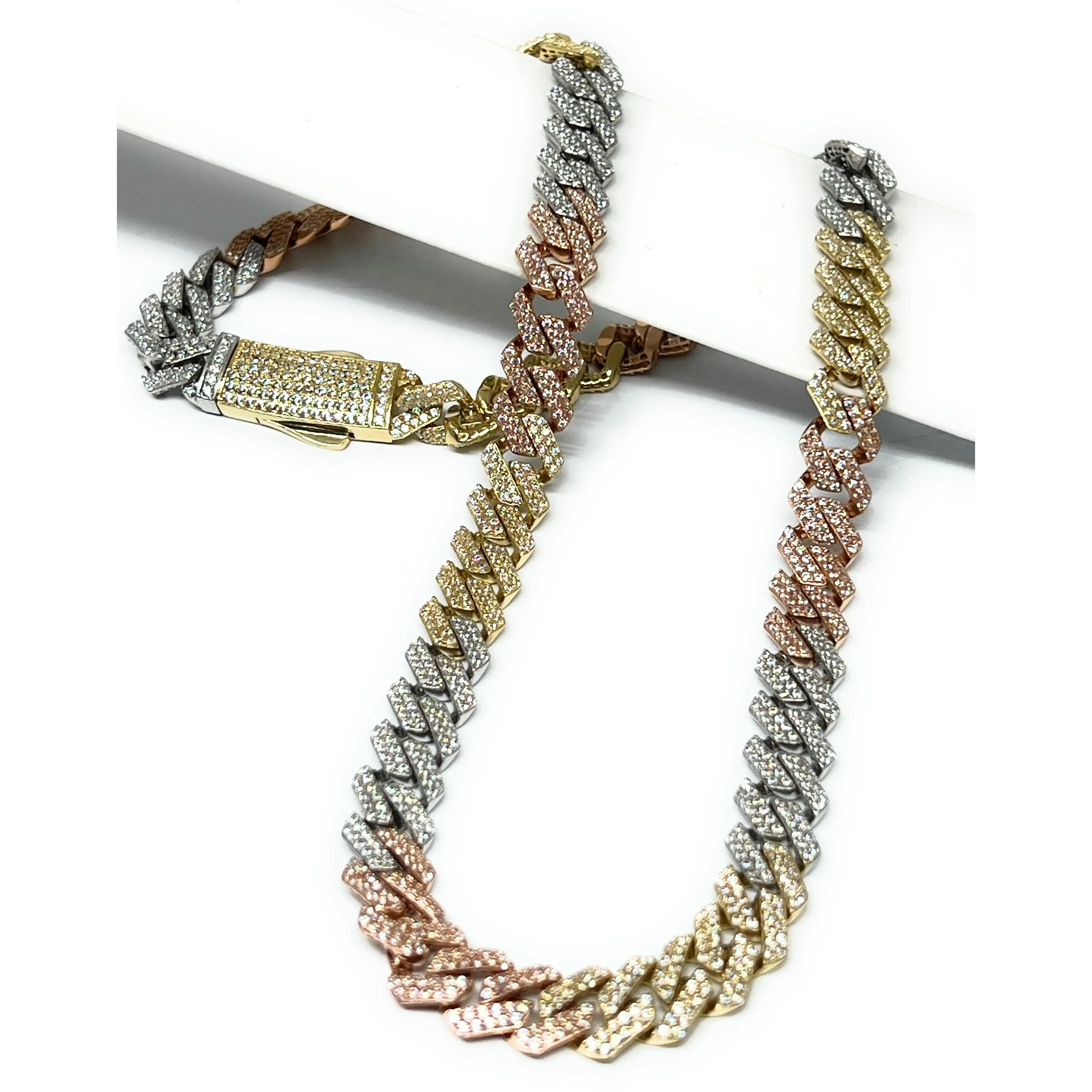 14k Solid Gold EDGE Miami Cuban Link FULL CZ TRI-COLOR Chain 16-24 inches 9mm CZ Lock (Semi-Hollow) 33-45g