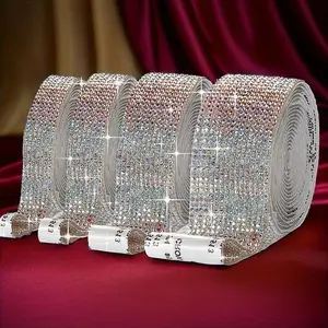 4 Rolls of Self-Adhesive Crystal Rhinestone Ribbon, DIY Rhinestones Ribbon Stickers for Party Decorations, Wedding Arts Crafts, Silvery Phone, Car Decoration