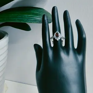Syia(11585)gc.Marquise Red Gemstone Halo Ring, Silver-Tone Elegant Jewelry