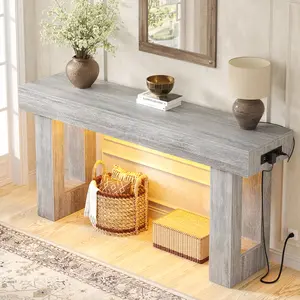 63'' Farmhouse Console Table with Power Outlets and Motion Sensor Light, Wooden Entryway Table Sofa Table for Entrance, Hallway, Living Room