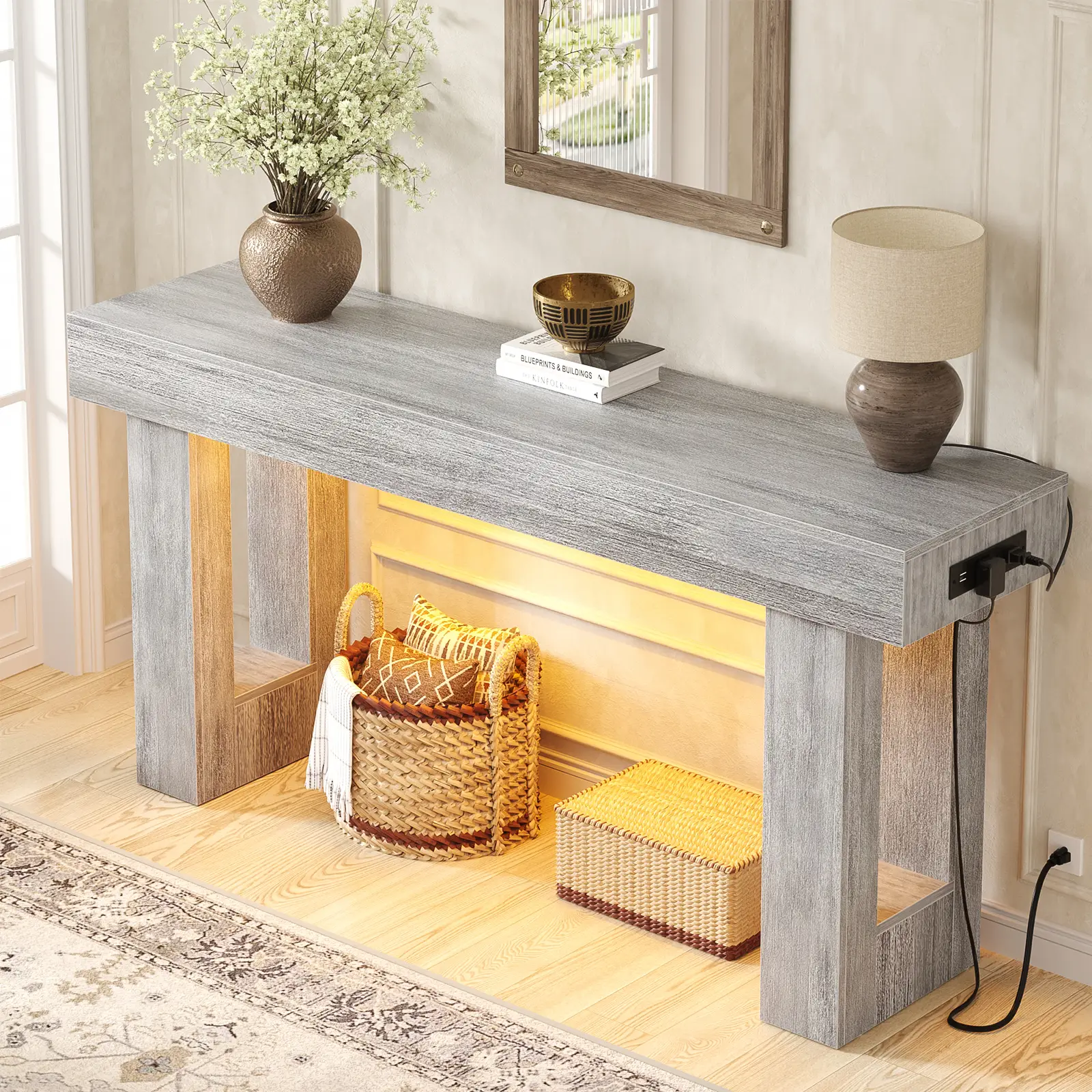 63'' Farmhouse Console Table with Power Outlets and Motion Sensor Light, Wooden Entryway Table Sofa Table for Entrance, Hallway, Living Room
