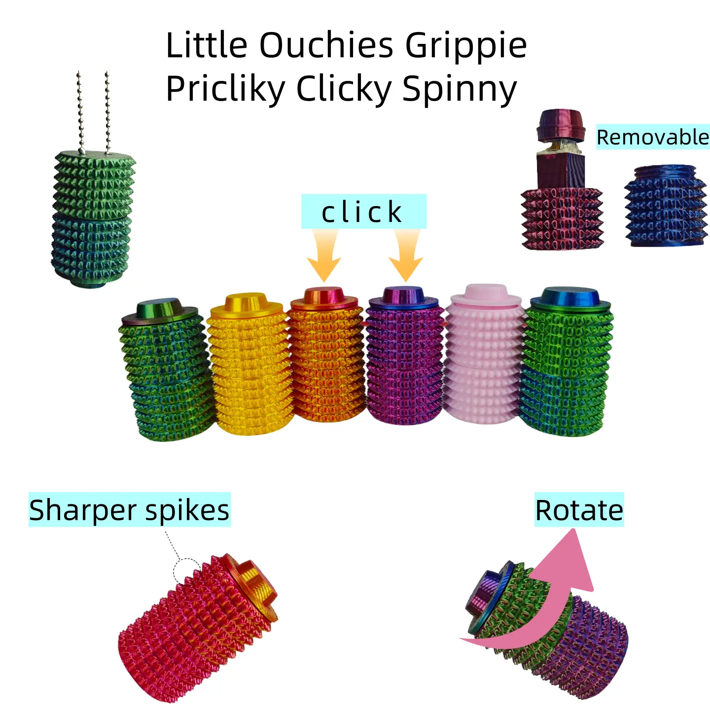 Sharper spikes little Ouchies Grippie with click and spinny, Pocket Mini Fidget Toy for Adults, Pain Stim Fidget,Spiky Grippie Stim Keychain for Anxiety Relief Positive