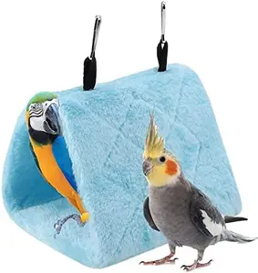 Peony Parrot Hammock - Plush Hanging Cage Tent for Birds, Winter Warm Bed and Toy Pouch (M-Blue)