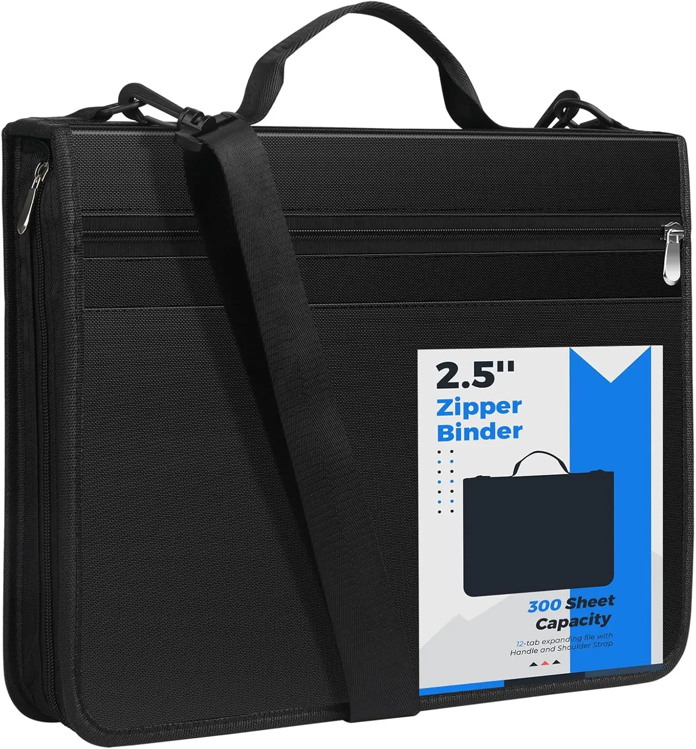 KTRIO 3-Ring Zipper Document Binder, 12-Tab Expanding Files, 300-Sheet Capacity, Black, Back to School Supplies for Office Stationery Needs
