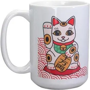 Ebros Maneki Neko Mug Ceramic Coffee Mug 15 ounces 4.5"H Novelty Graphic Mug