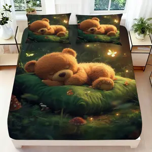 2/3 Pcs 2D Flat Forest Dreaming Teddy Bear Fitted Sheet Set Teddy Bear Bedding Set Quilt Cover 1 Fitted Sheet + 1/2 Pillowcases Forest Teddy Bear Top Sheet Decorative Bedding Bedroom Decor