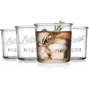 Embossed  Drinking Glasses Set of 4 Authentic Mason  Glassware - 12 oz. Clear Glass Tumblers for , Water, and Juice.