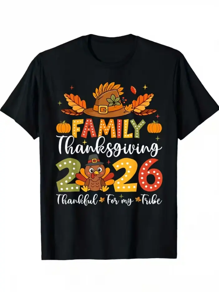 2026 Funny "Thank You My Tribe" T-Shirt Suitable for Thanksgiving & Christmas Gifts - Unisex & Turkey Graphic Tee with Autumn Saying, Casual Crewneck Shirt for Parties, Year-Round Wear, Machine Washable Apparel
