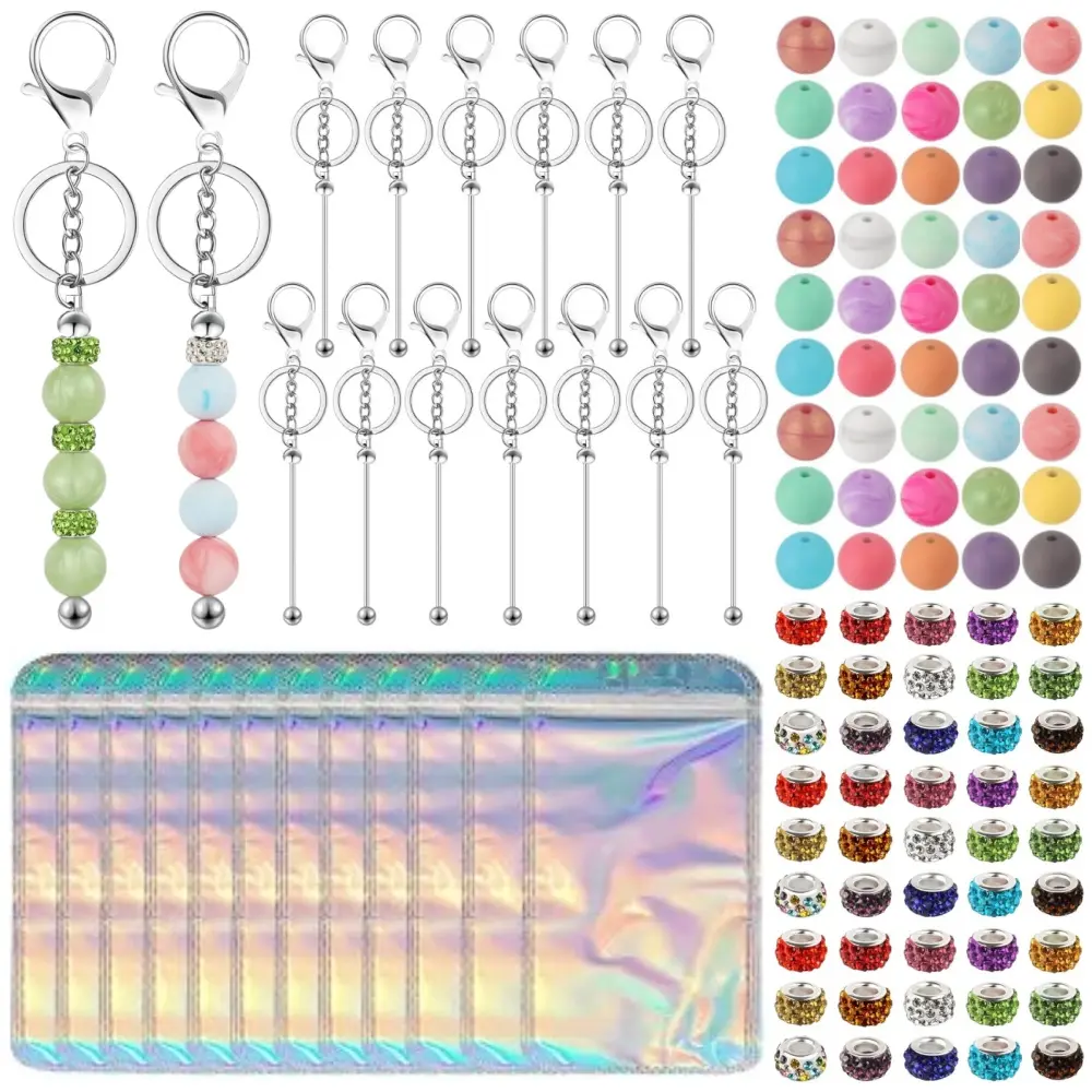 15 pack Keychain Making Kit with Beadable Metal Beaded Keychain Silicone Beads Spacer Beads DIY Key Chains for Keychain Making Set