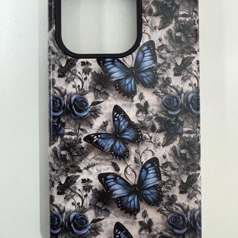 Vintage Blue Butterfly and Rose Phone Case – 3D Textured Floral Design Applicable to iP15Promax ip14Pro mobile phone case 12 trendy brand 13 anti-fall cover 14Promax 15Pro cute Plus phonecase Accessories Acrylic casetify
