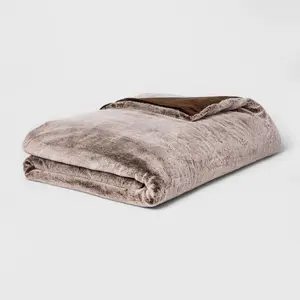 55" x 80" 18lbs Faux Fur Weighted Blanket with Removable Cover Brown - Threshold: Glass Beads, Microplush, Machine Washable