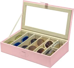 Unionplus Sunglasses Case Organizer, Multiple Sunglasses Eyeglass Glasses Display Holder Collector, 5 Slots for Sunglasses Storage and 2 Small Slots for Accessories, Pink