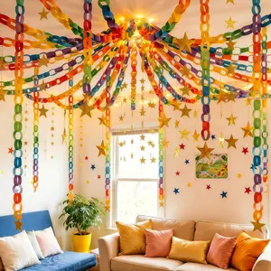 DIY paper chain garland, colorful paper rings for party decoration, paper ring garland for atmosphere decoration