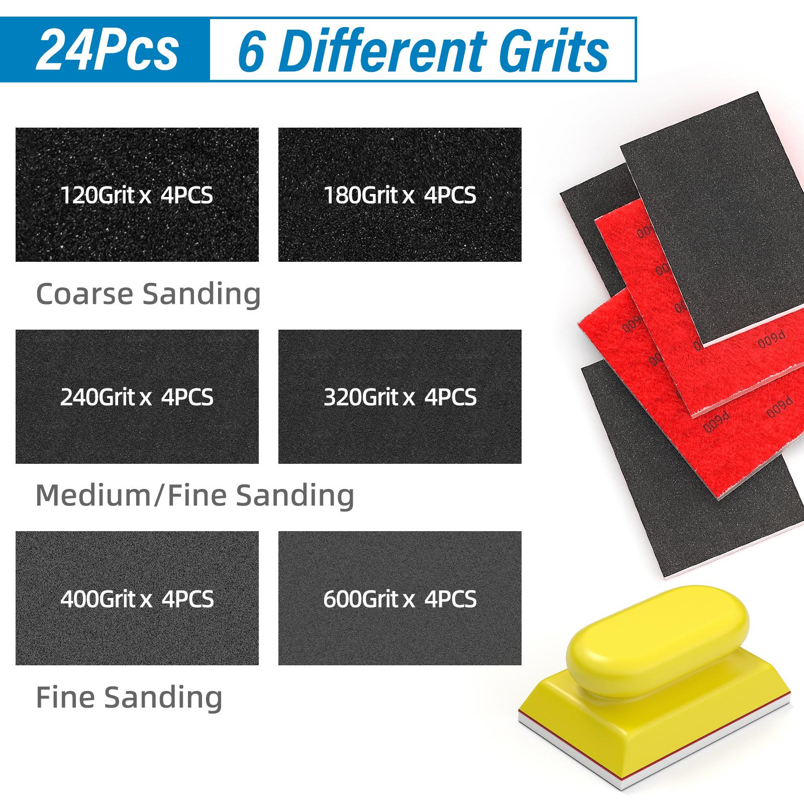 24-Piece Multiple Grits Polishing Sanding Sponge Set, 3x4in Dry-Wet Blocks (120/180/240/320/400/600 Grits) - Soft Foam Handheld Sanders with Comfortable Grip, Fine Finish for Metal Polish, Furniture Finishing, Reduces Fatigue, Father's Day Gift