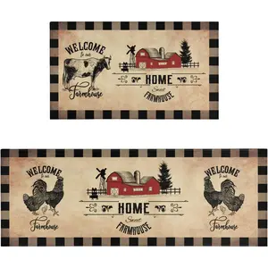 Farmhouse Kitchen Rugs Sets of 2 Decor Brown Country Rustic Cow Rooster Kitchen Rug Non-Slip Washable Farmhouse Kitchen Mats for Floor