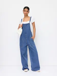 Cider Denim Bowknot Mid Rise Wide Leg Overalls