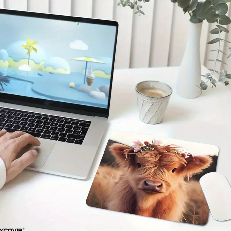 Highland Cow Pattern Mouse Pad - Non-Slip, Stitched Edge Desk Mat for Gaming and Office, 7.87x9.44 Inches - Ideal Gift for Loved Ones