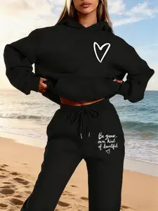 Autumn Winter Hoodie Set, Fitted Simple Heart Pattern & Inspirational Text Print, Cozy & Positive Energy Design, Perfect for Daily Wear