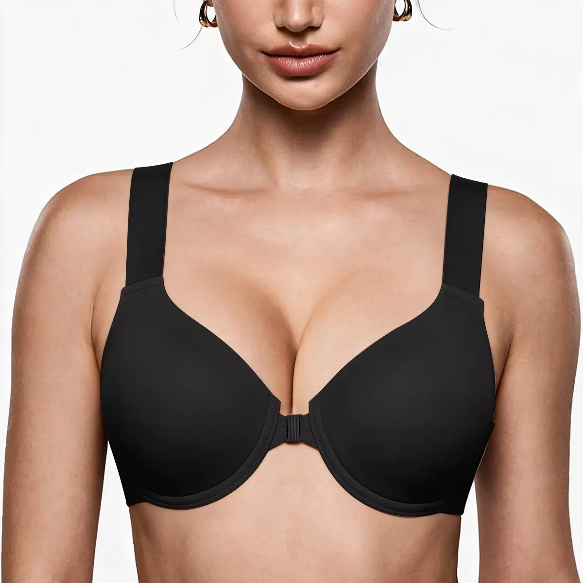TryWish Women's Basic Front Closure Push Up Bra - Classic Plain Solid Color T-Shirt Bra, Comfortable All-Season Everyday Seamless Underwear, Hand Washable Black