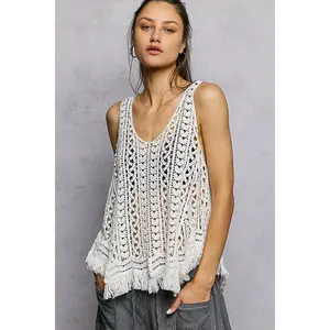 Boho Crochet Fringe Cami Tank Top - Stylish Sleeveless Lace Detail Fitted Summer Top for Casual Outings