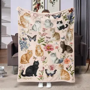 1pc Cozy Cat & Butterfly Floral Throw Blanket - Soft Flannel, All-Season Comfort, Multi-Color Design with Adorable Cats & Flowers, Perfect for Bedroom or Sofa Decor, Cat Decor