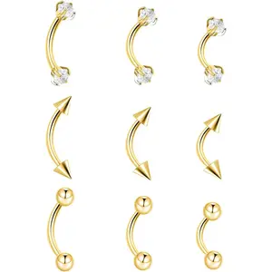 9PCS Gold Eyebrow Piercing Jewelry Titanium, Rook Jewelry Gold Surgical Steel Silver Eyebrow Rings for Women Men CZ Tiny Labret Lip Daith Navel Belly Button Helix Tragus Piercing Jewelry 16G 6mm/8mm/10mm