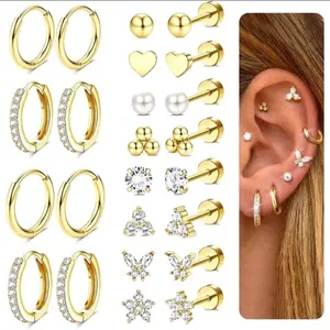 12 Pairs Hypoallergenic Gold Stud Hoop Earrings For Women Men Surgical Stainless Steel Flat Back Small 14K Gold Huggie Hoops Cartilage Earring Set For Multiple Piercing Jewelry Gifts For Women Trendy Fashion Stand Out Fashion Earrings