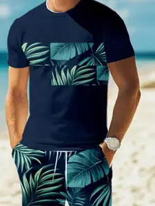 Men's Summer Hawaiian Vacation Short Sleeve T-Shirt & Shorts Set, Outfit, Tropical Print, Fitted, Knee Length, Casual Style