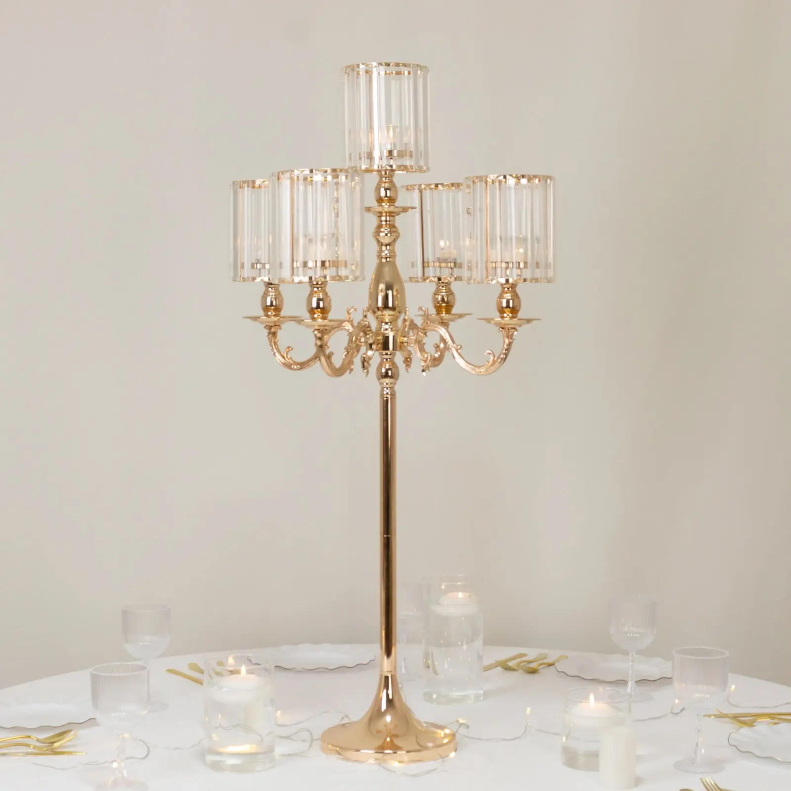 5-Arm Gold Metal Candelabra with Crystal Pendant Glass Shades – 40" Tall Candle Holder for Pillar, LED, and Flameless Candles