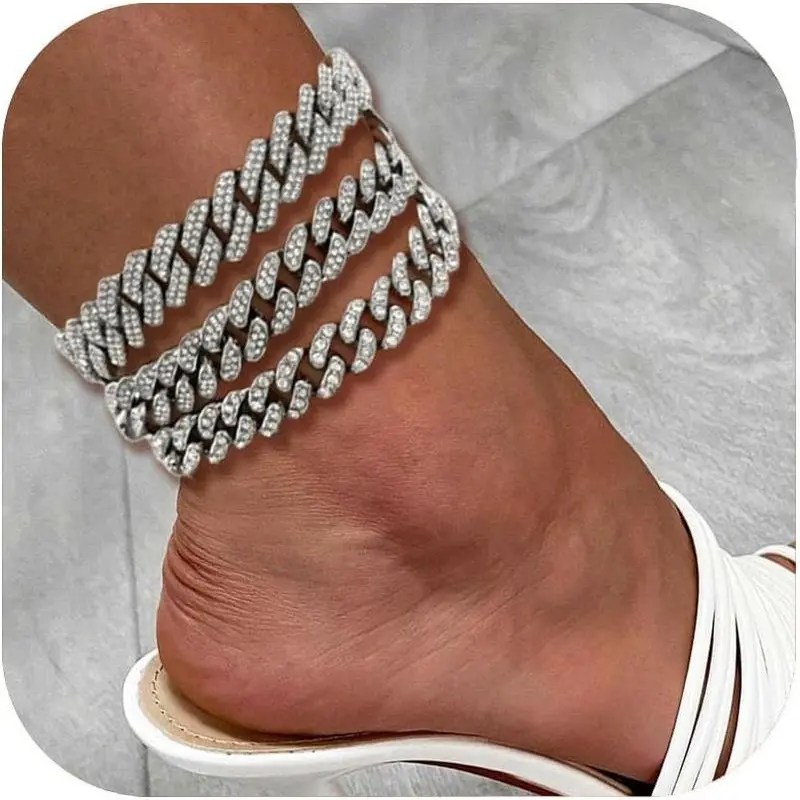 Ankle Bracelets for Women Cuban Link Anklets Plus Size Ankle Bracelet Layered Link Anklet Set Rhinestone Bling Anklets    for Women  Set