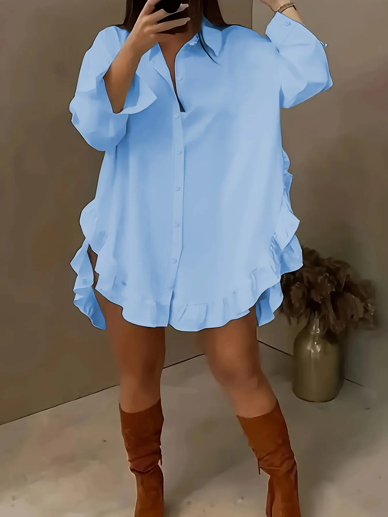 Elegant Women's Long Sleeve Shirt Blouse with Ruffled Trim, Casual Fashion Top for Spring & Fall Seasons, Perfect Daily Wear
