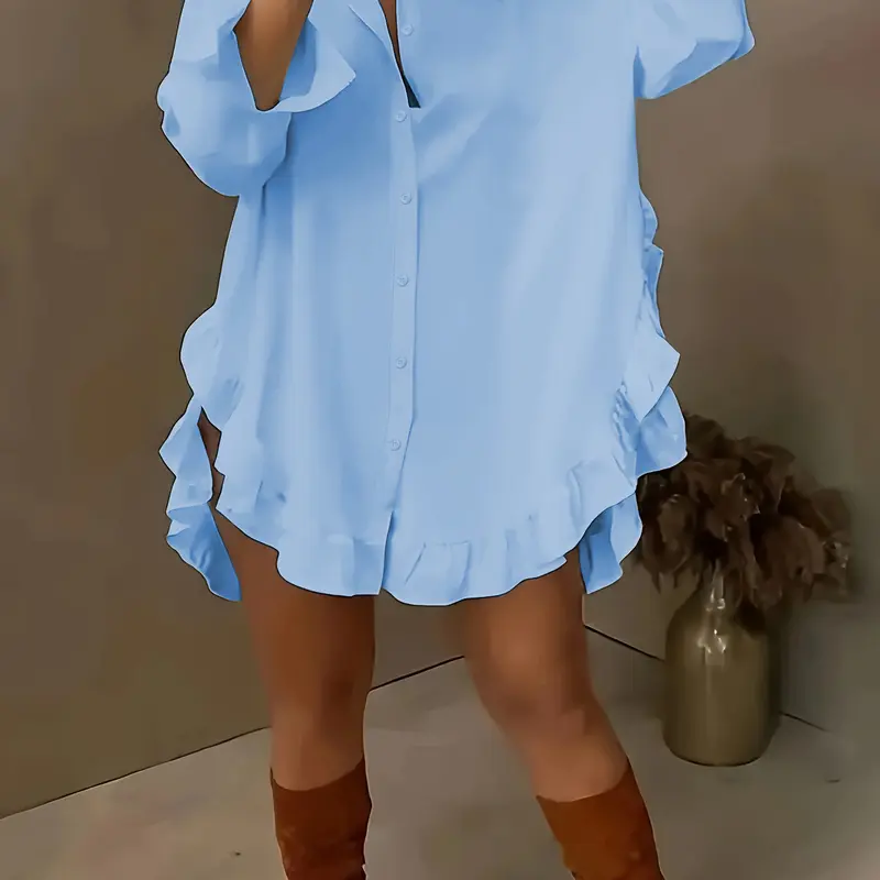 Elegant Women's Long Sleeve Shirt Blouse with Ruffled Trim, Casual Fashion Top for Spring & Fall Seasons, Perfect Daily Wear