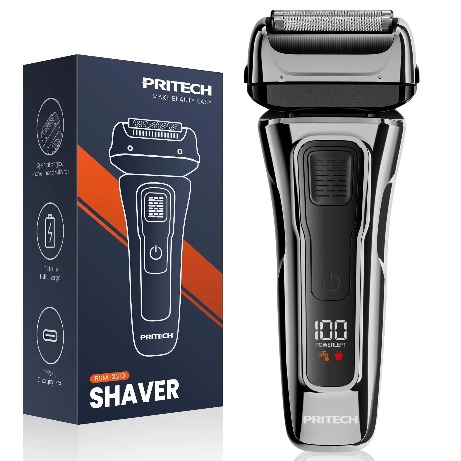 PRITECH Foil Shaver for Men, Electric Razor with Tight Foil Technology, Skin-Friendly Design, Easy Blade Replacement, Cordless Rechargeable with Pop-Up Trimmer, LED Display,Waterproof