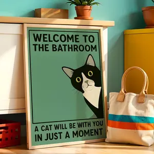 Modern Illustrative Butterfly Cat Bathroom Toilet Wall Art, Vintage Odd Style Hanging Canvas, Home Decor, Single Piece, Made in China