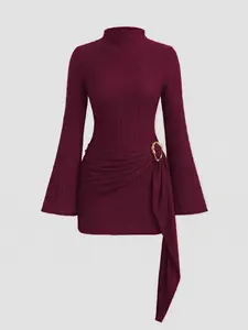 Women's Stand Collar Waist Cinched Bodycon Midi Dress, Simple Flare Sleeve, Elegant Casual Wear, Perfect for Daily