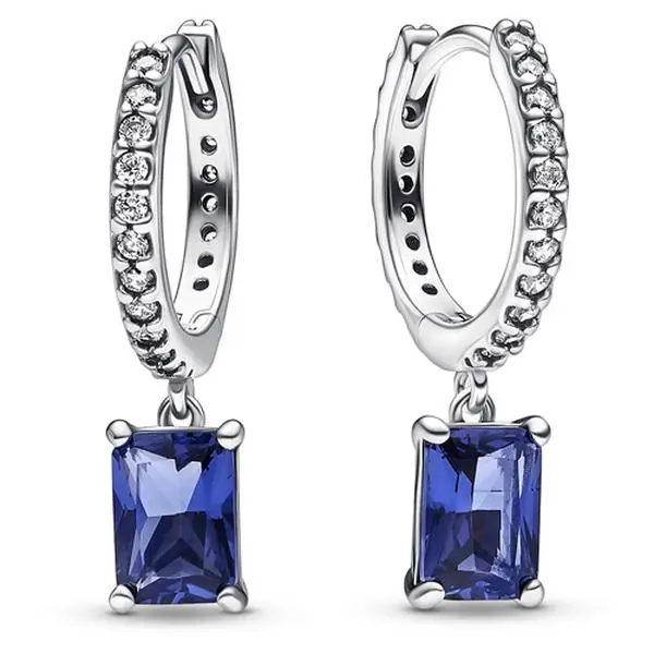 Pandora Elegant Blue Rectangular Sparkling Hoop Earrings for Adults, Daily Every Day Wear, 292381C01